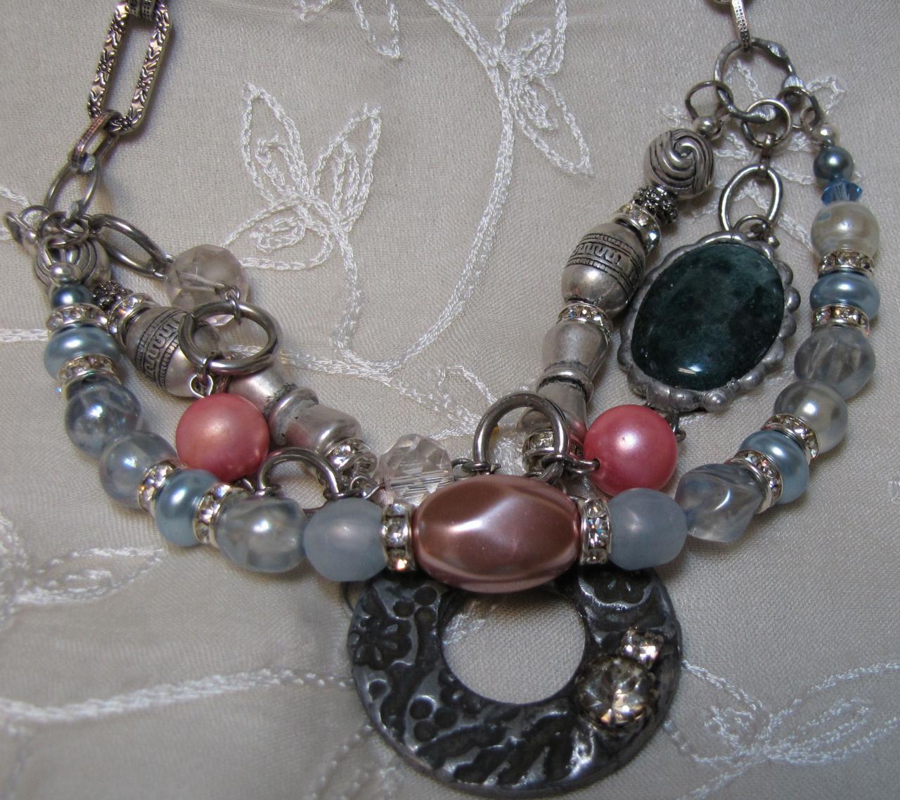 34" Silver Soldered Pink And Blue Necklace